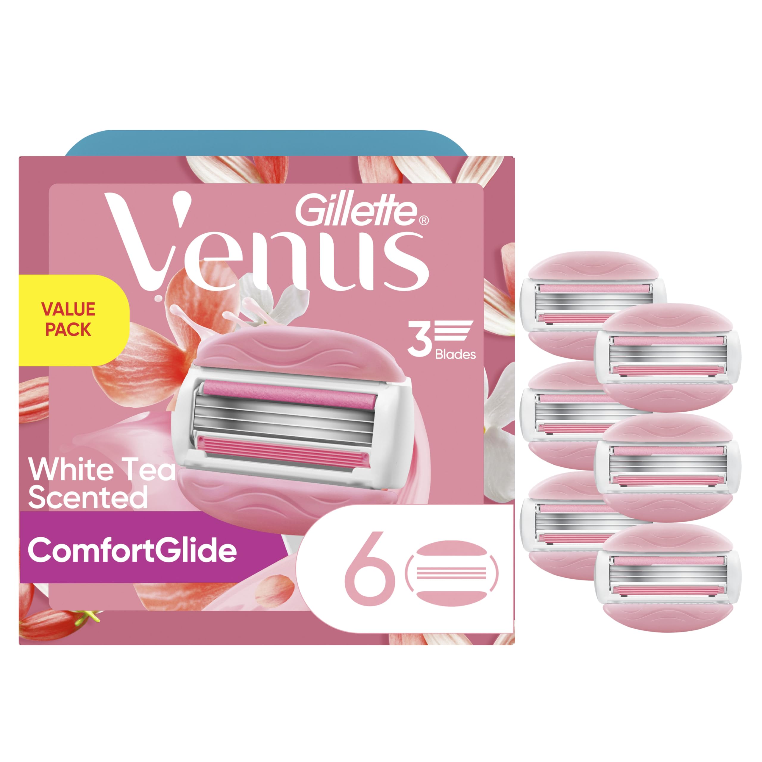 716z2eE1R6L Gillette Venus ComfortGlide White Tea Women's Razor Blades, 3-Blade Razor Refills, 6 Count - Image 1
