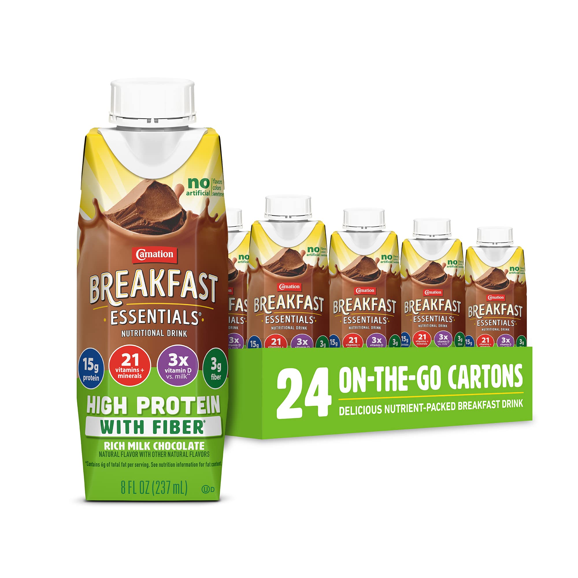 71XiFPZeEgL Carnation Breakfast Essentials High Protein with Fiber Ready-to-Drink, 8 FL OZ Carton, Rich Milk Chocolate (Pack of 24) - Image 1