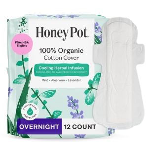 The Honey Pot Company - Herbal Pads for Women - Overnight w/Wings - Infused w/Essential Oils for Cooling Effect & Organic Cotton Cover - Feminine Care - 12 ct